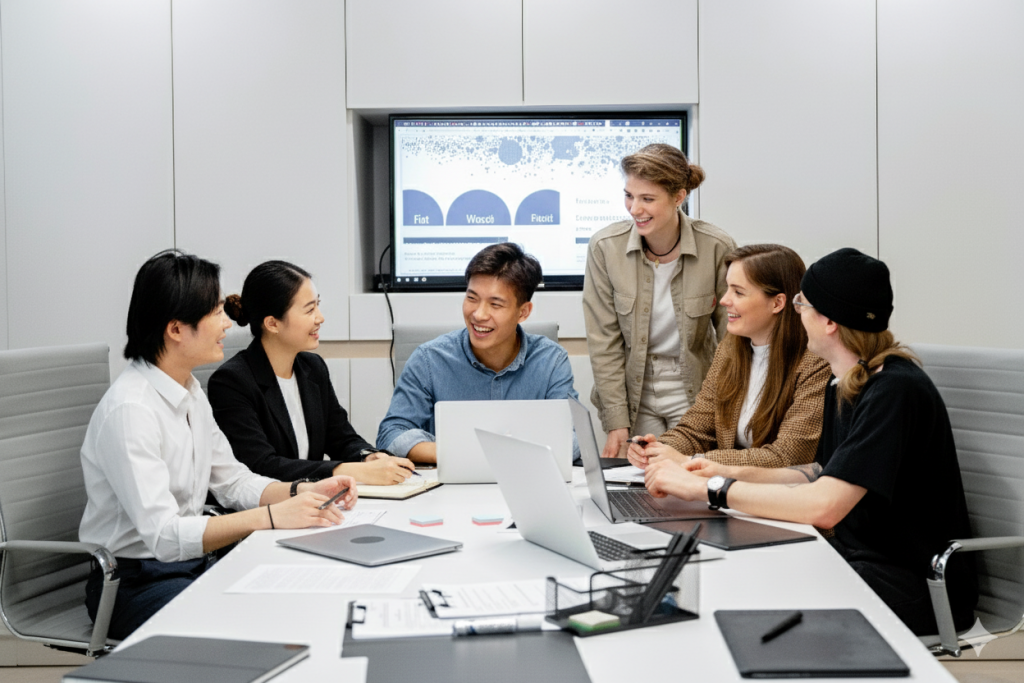 Image showing the democratization of data visualization with many people around computers working on dashboards and smiling.