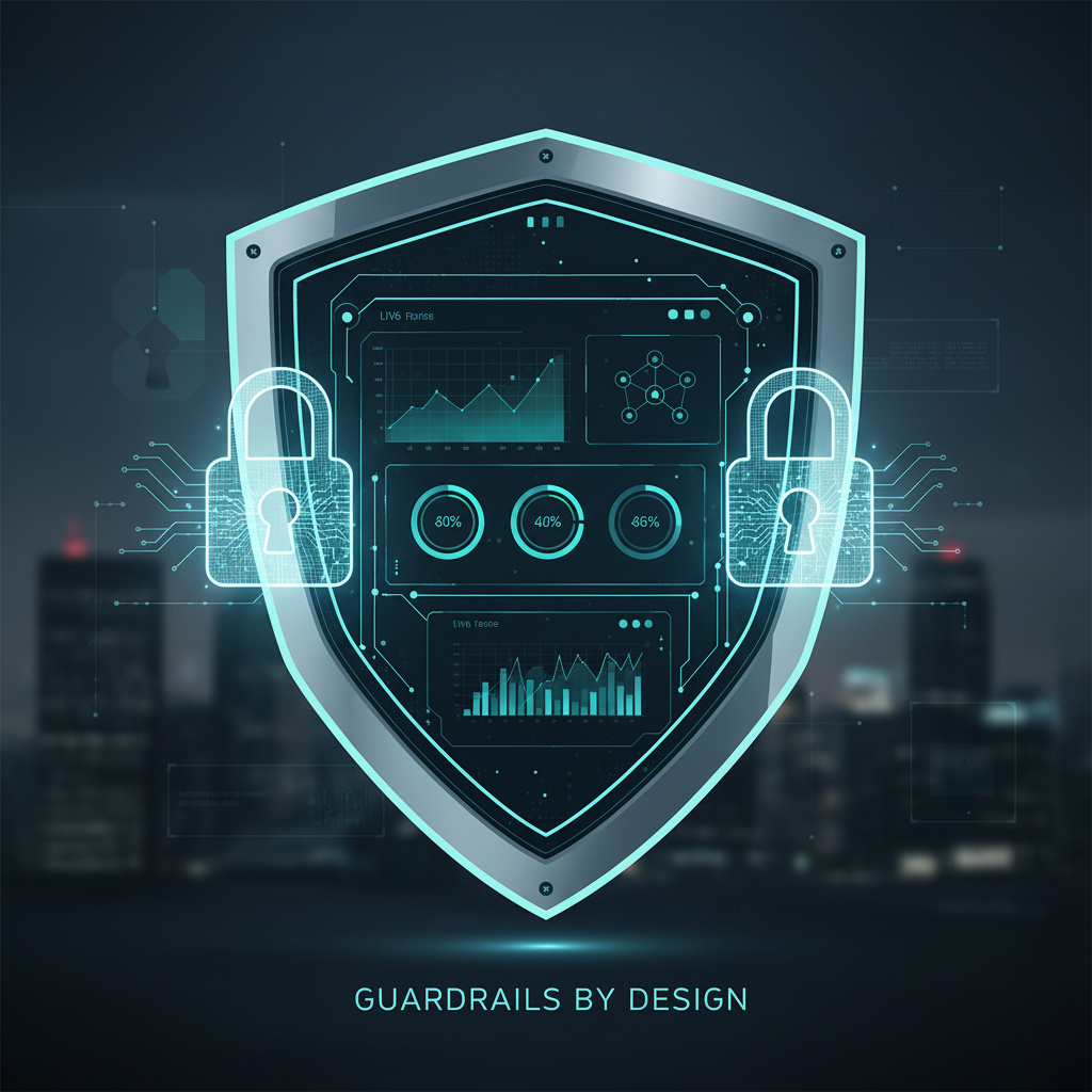 A picture showing dashboards guarded and secure with locks and a shield. This portrays how the next generation of data visualization and analytics tools will empower the democratization of data not only by access but by trust.