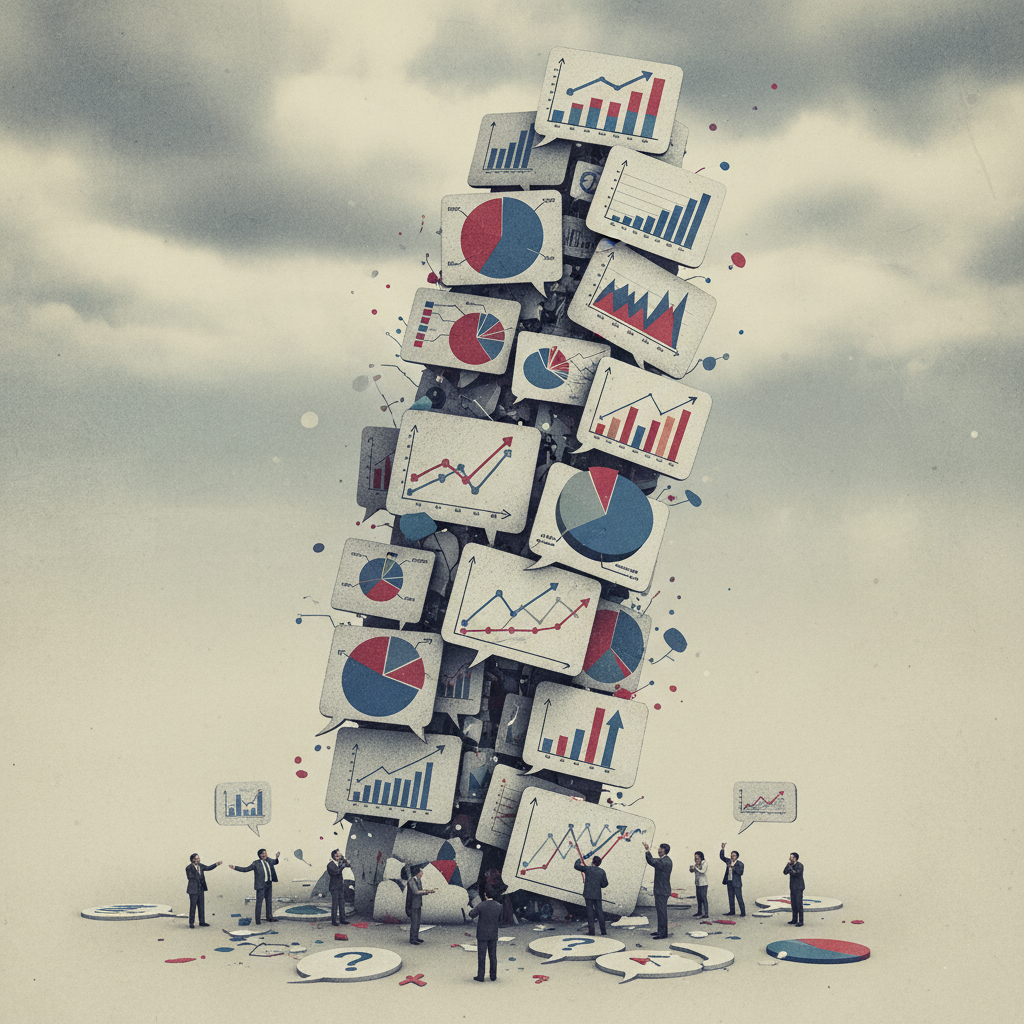 Image portraying the tower of babel effect -- whereby many different charts and graphs can lead to conflicting interpretations, a pitfall of the democratization of data visualization.
