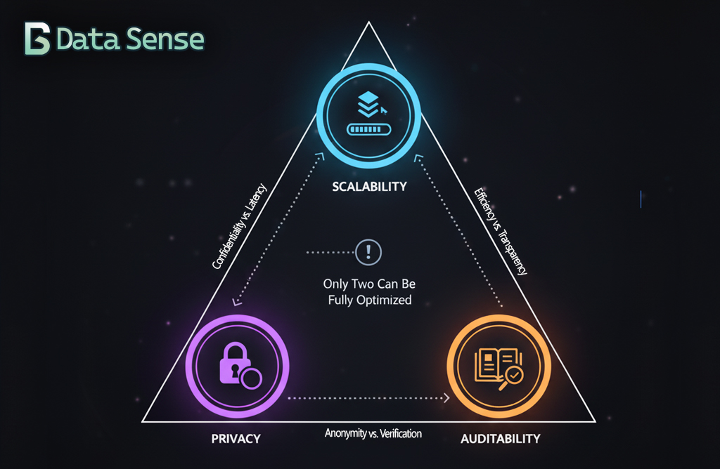 The trade-off in programmable finance on DLT: privacy, scalability and auditability. 