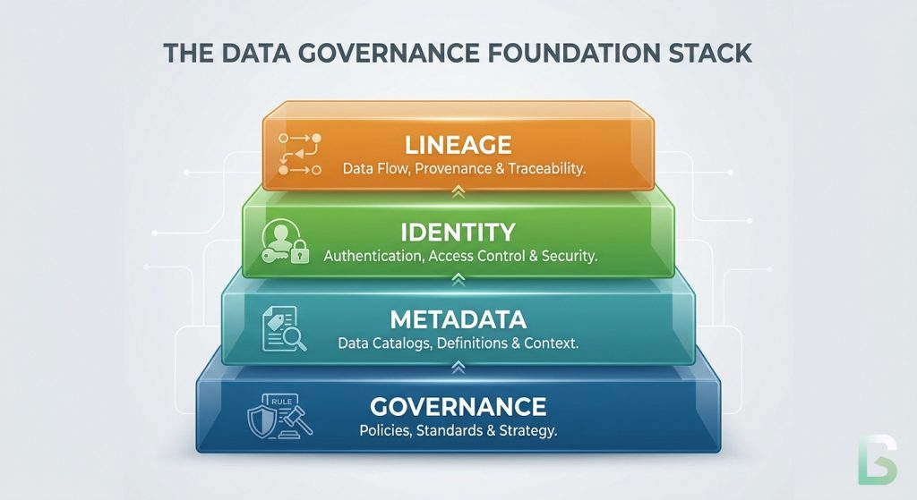 Showing the AI data governance foundation stack with Data Lineage being the next block in the stack