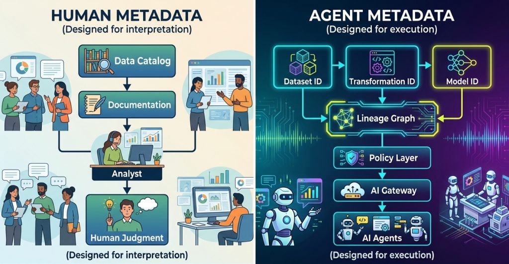 Diagram comparing human-oriented metadata documentation with machine-readable metadata for AI agents for governance and automation.